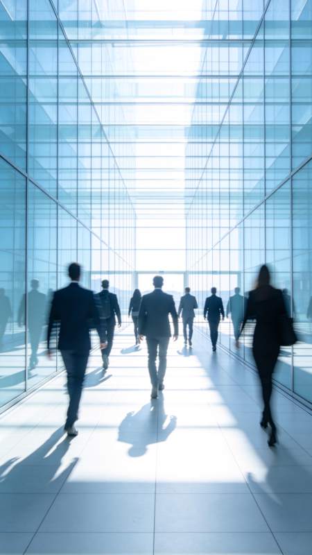 玻璃幕墙走廊中行走的商务人士剪影图片