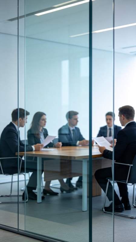 玻璃隔断会议室中五人商务会议场景图片