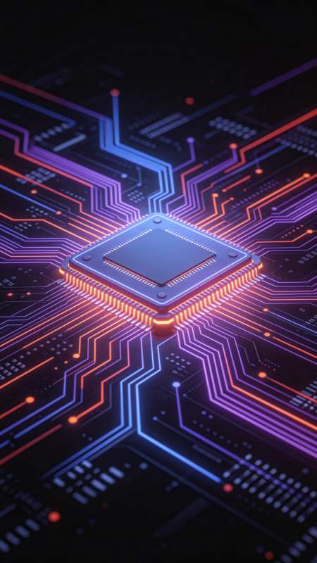 发光集成电路芯片与彩色电路板特写图片