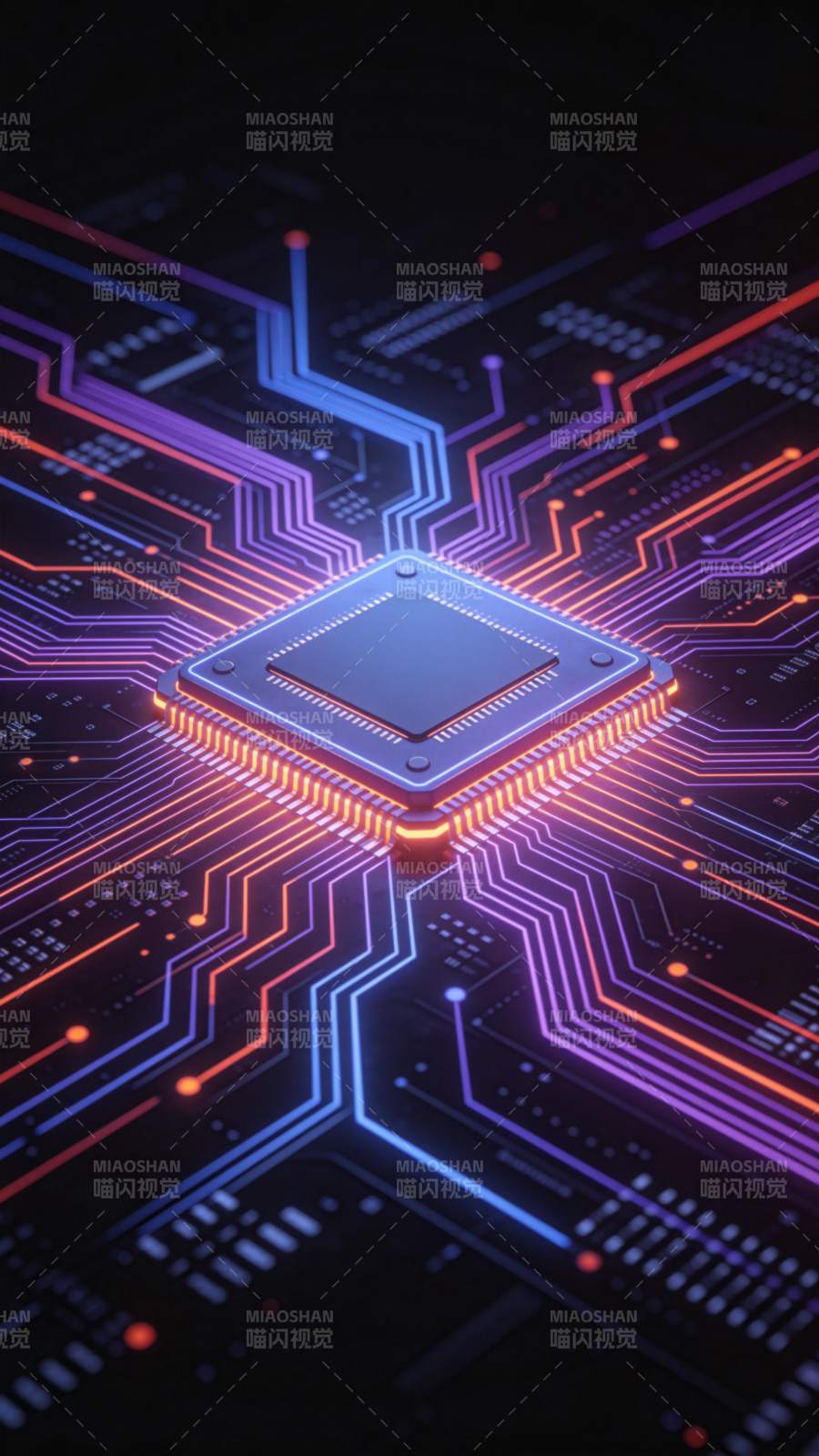 发光集成电路芯片与彩色电路板特写图片