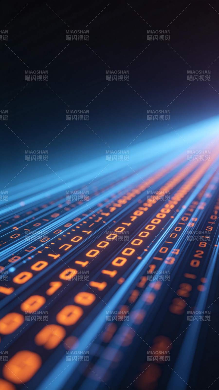 蓝色光束中流动的橙色二进制数据流图片