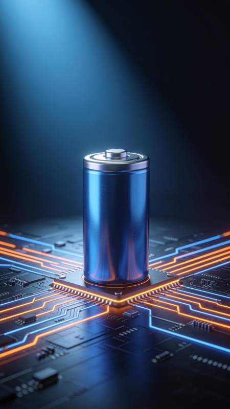 蓝色电池置于发光电路板中央特写图片