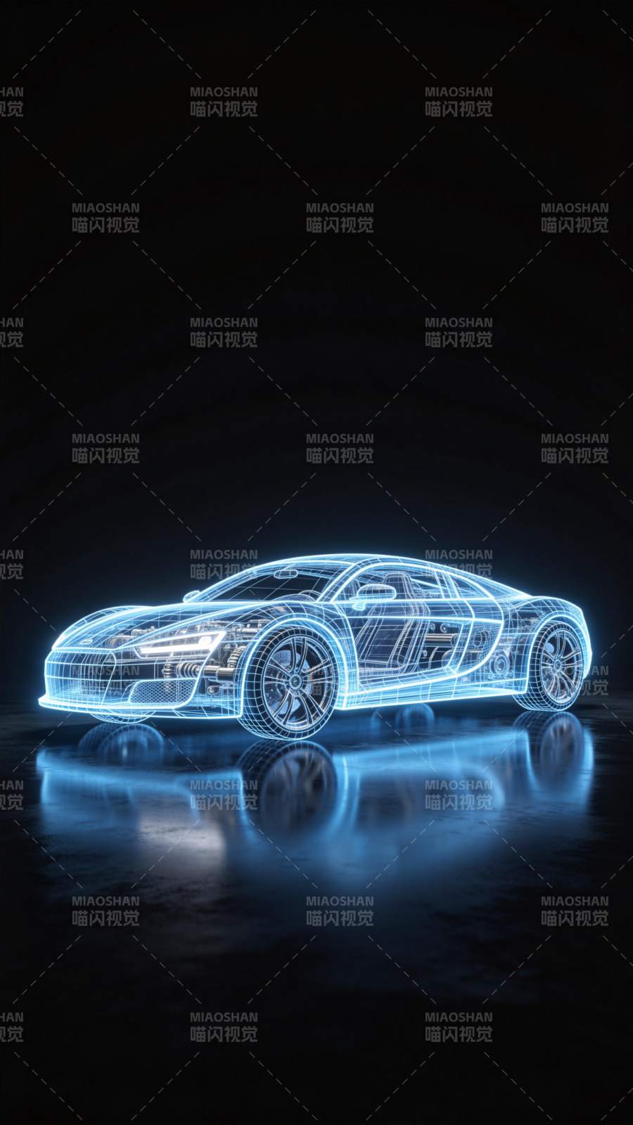 蓝色线框跑车三维模型发光展示图图片