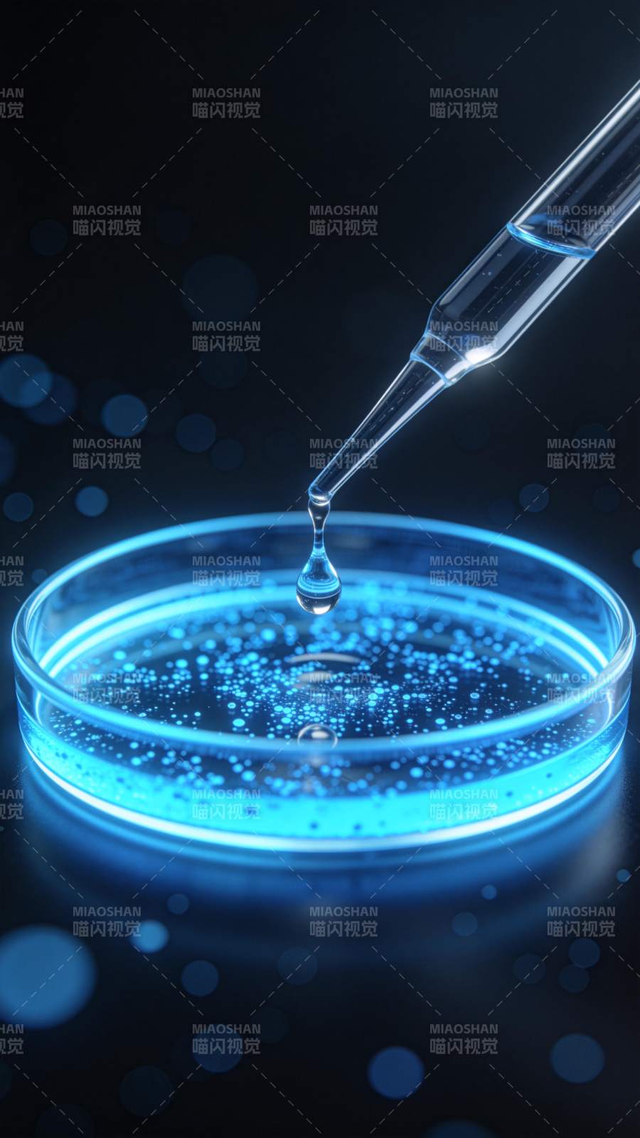 滴管向培养皿滴加蓝色液体的实验场景图片