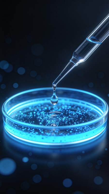 滴管向培养皿滴加蓝色液体的实验场景图片