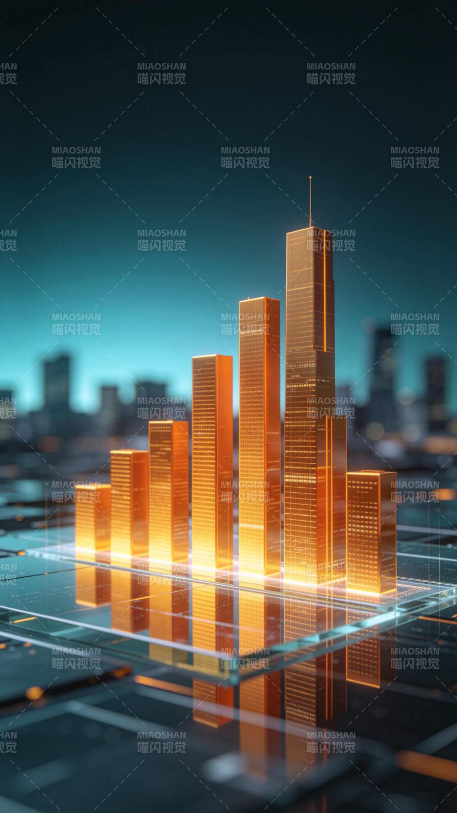 发光金色高楼模型置于透明平台之上图片