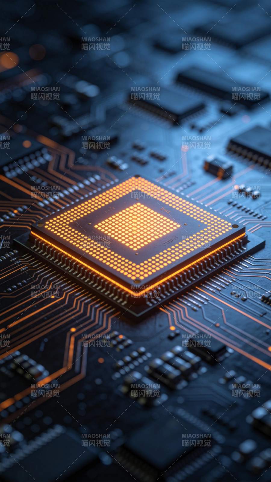 发光芯片置于电路板上的特写细节图片