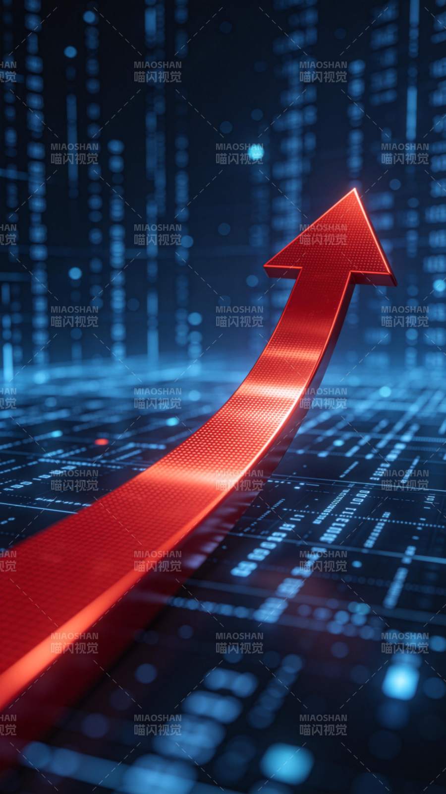 红色上升箭头置于蓝色数据流背景之上图片