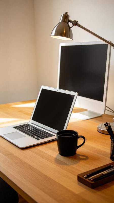 木质桌面上摆放笔记本电脑显示器与台灯图片