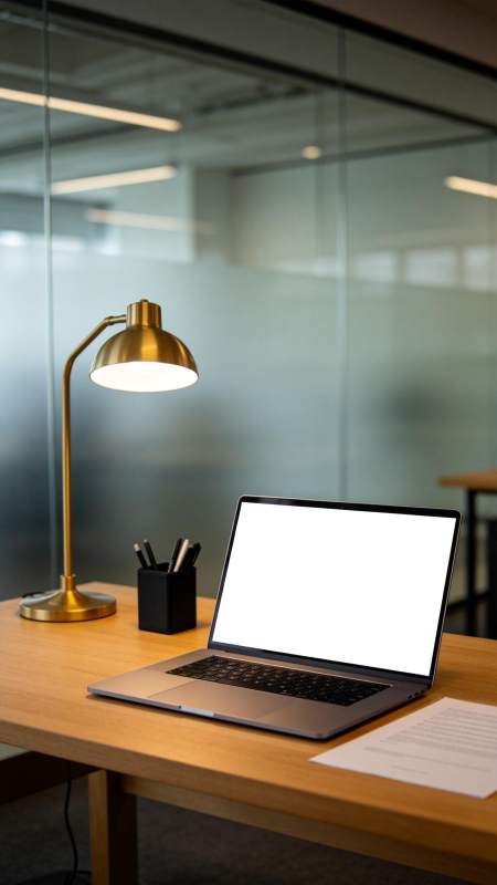 办公桌上笔记本电脑与台灯工作场景图片