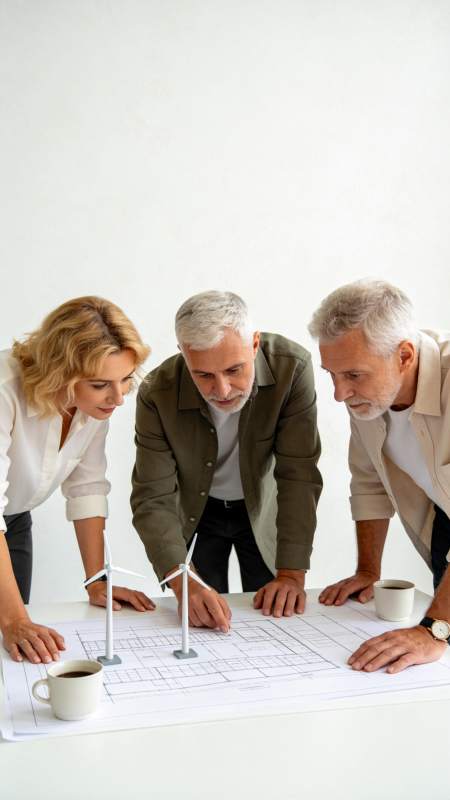 三人围看风力发电模型与图纸讨论方案图片