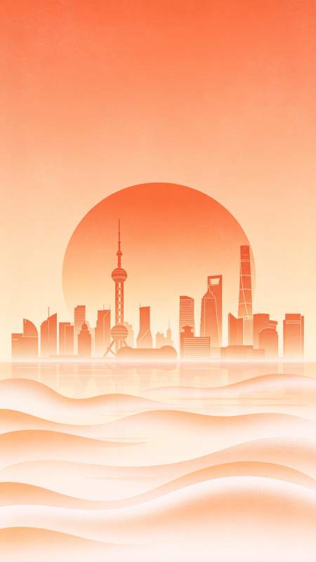 橙色夕阳下的城市天际线与波浪水面图片