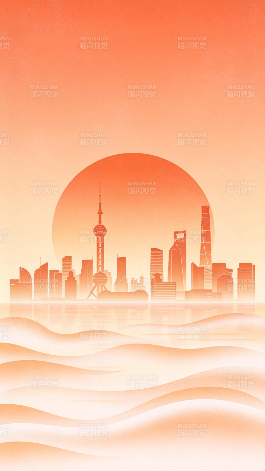 橙色夕阳下的城市天际线与波浪水面图片