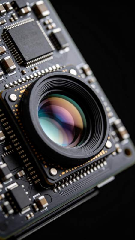 电路板上的微型镜头与集成电路特写图片