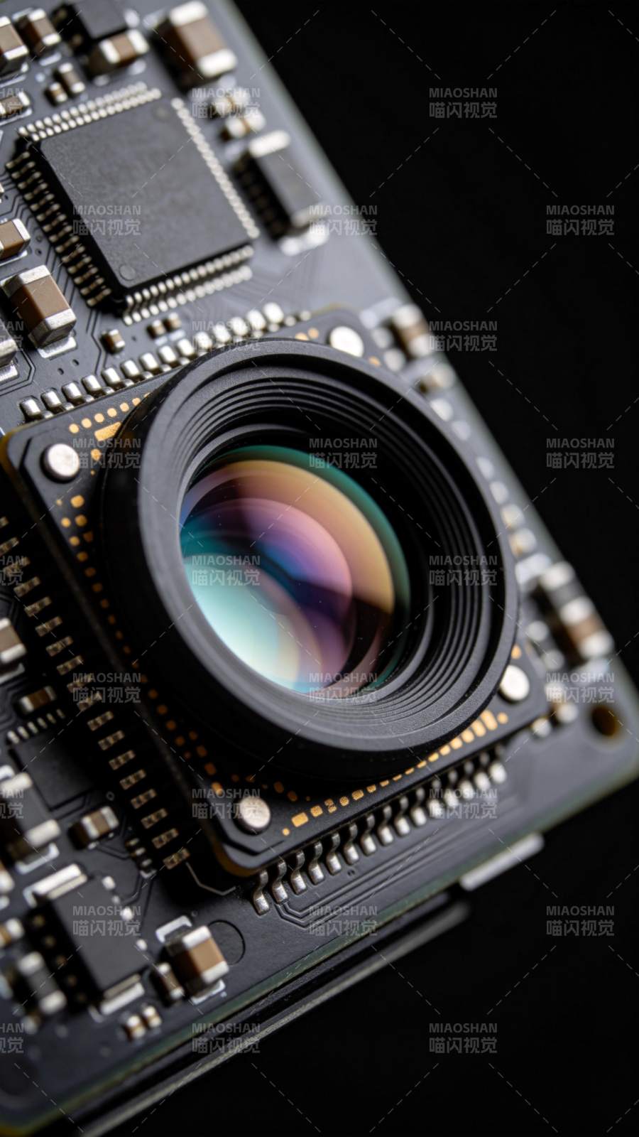 电路板上的微型镜头与集成电路特写图片