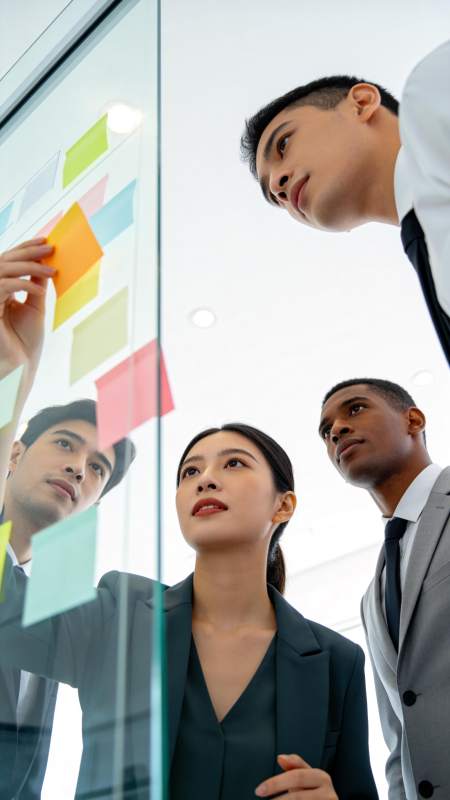 职场人员围绕玻璃板讨论彩色便签内容图片