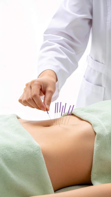 医生为患者腹部进行针灸治疗操作图片