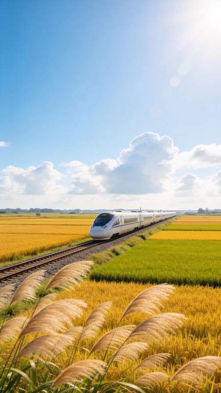 高铁穿行稻田间图片