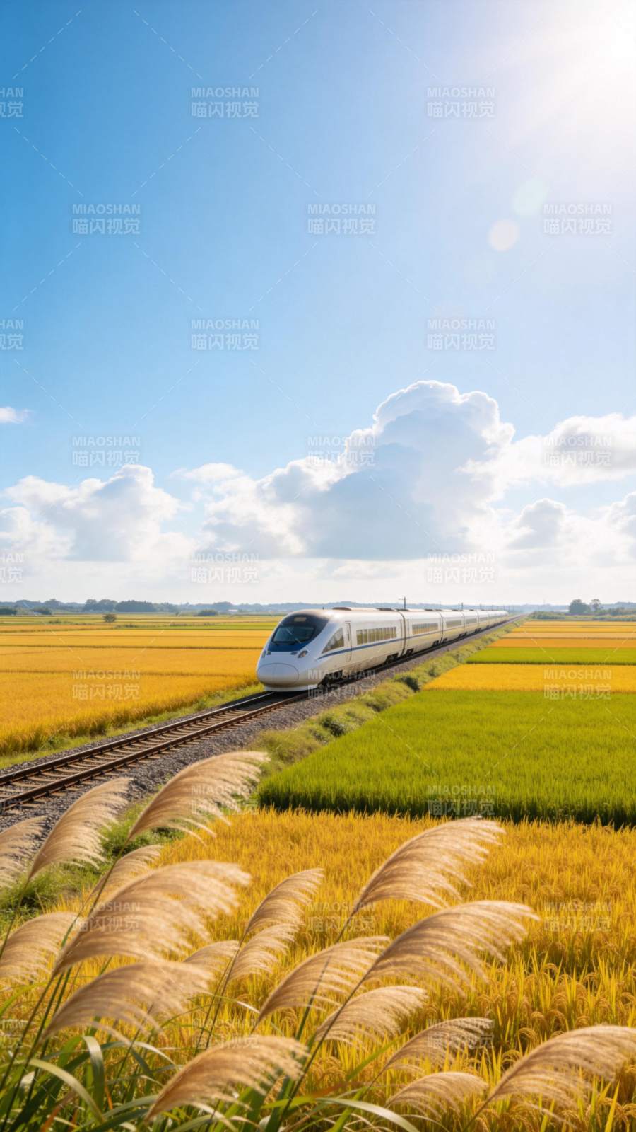 高铁穿行稻田间图片