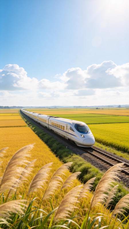 高铁穿行稻田间图片