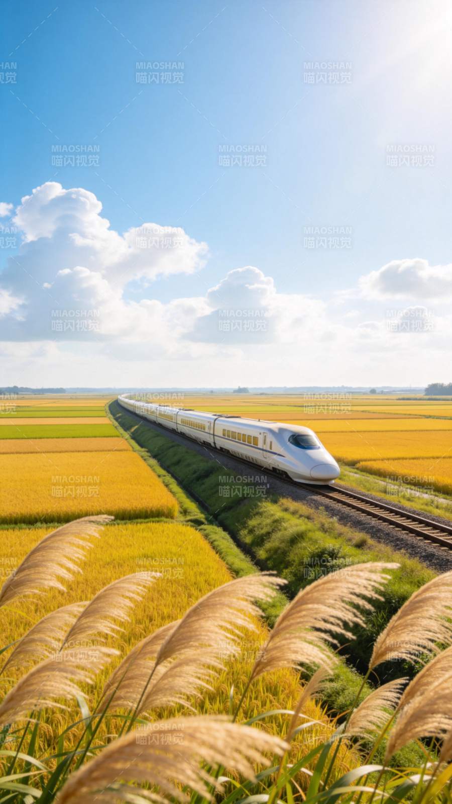 高铁穿行稻田间图片