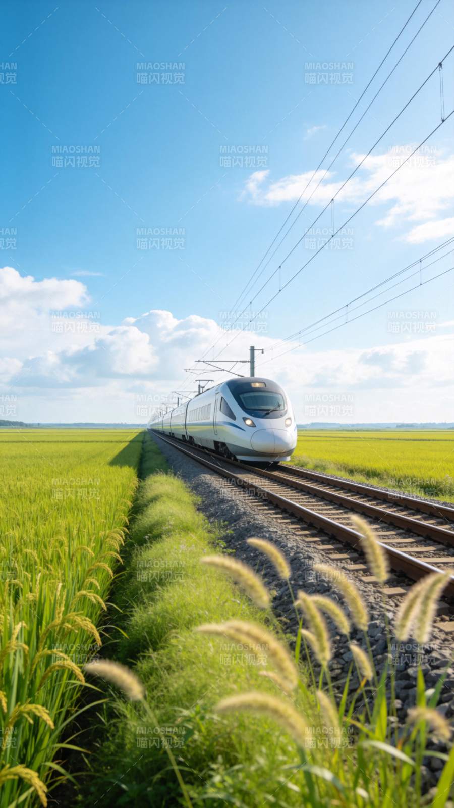 高速列车穿行绿色稻田间的铁路轨道图片