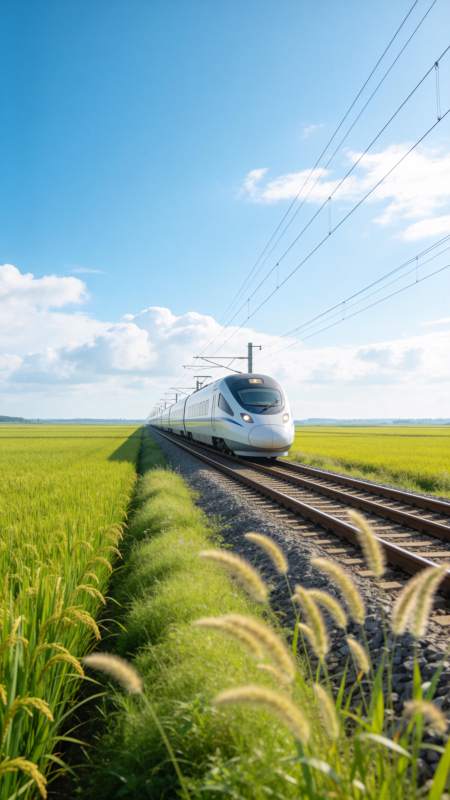 高速列车穿行绿色稻田间的铁路轨道图片