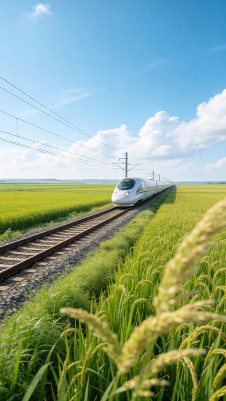 高铁穿行稻田间图片