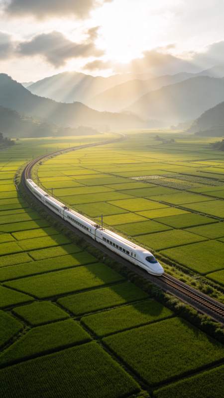 高铁穿行于晨光中的绿色稻田与山峦之间图片