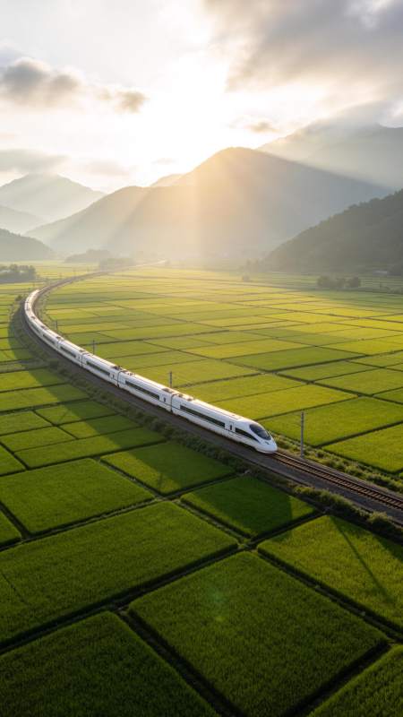 高铁穿行稻田间图片
