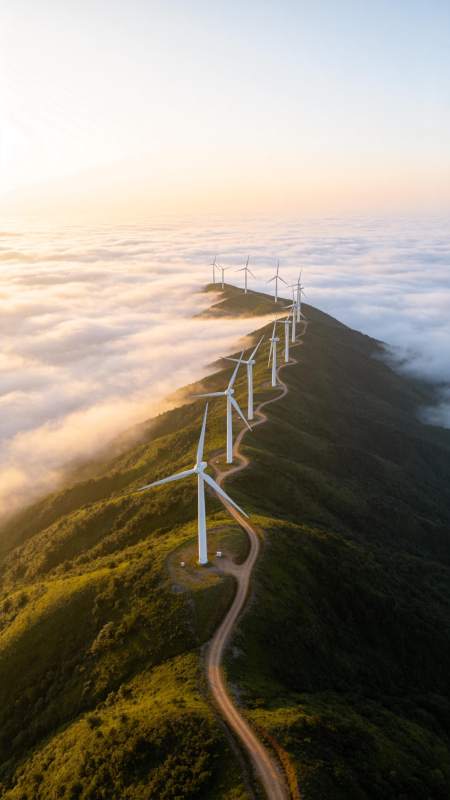 山巅风车云海间图片