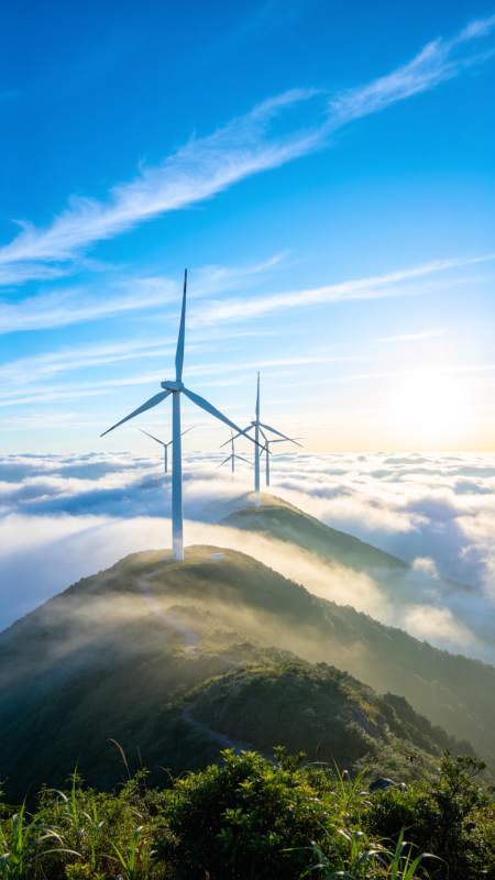 风车云海山巅图片