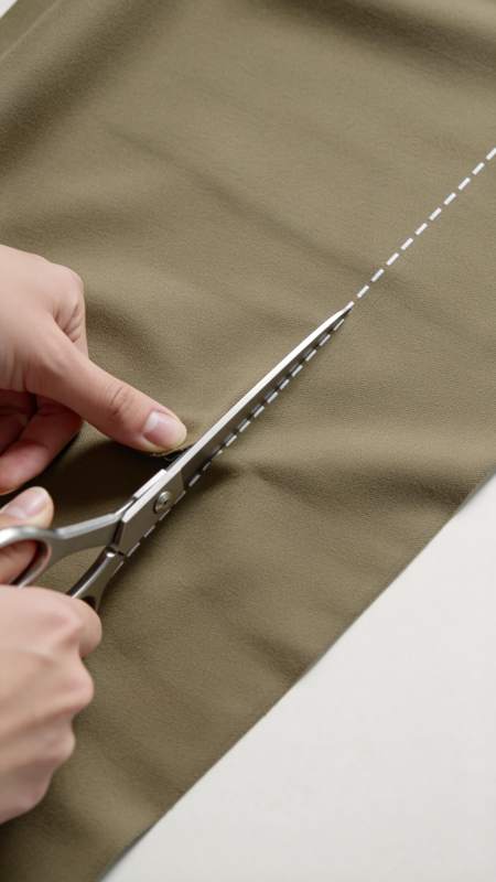 手持剪刀沿虚线裁剪卡其色布料图片