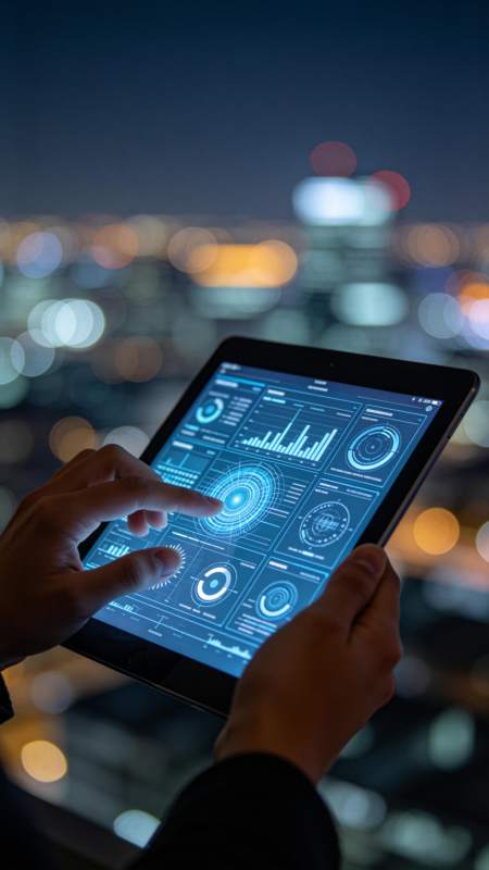 夜间城市背景下操作数据平板的双手图片