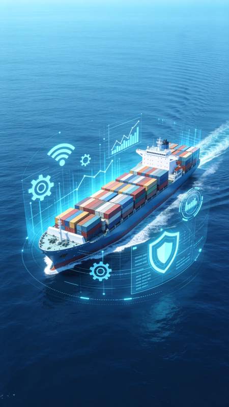 智能集装箱货轮航行于蓝色海面图片