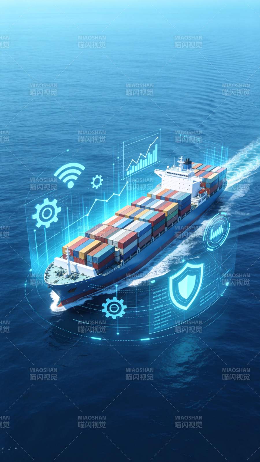 智能集装箱货轮航行于蓝色海面图片