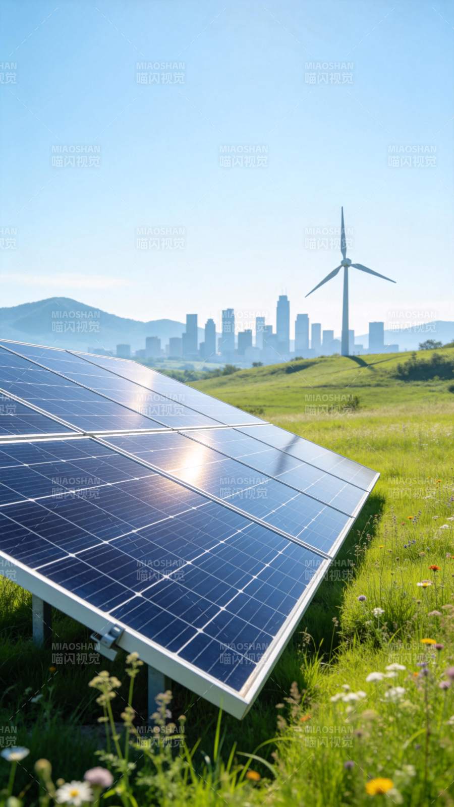 太阳能板与风力发电机共存的绿色能源景观图片