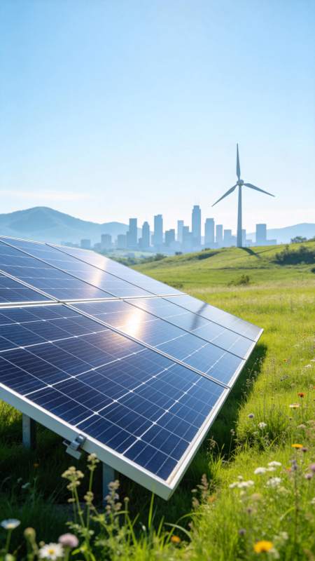 太阳能板与风力发电机共存的绿色能源景观图片