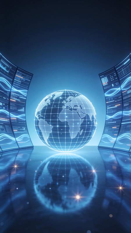 蓝色数字地球与两侧数据屏幕构成科技场景图片