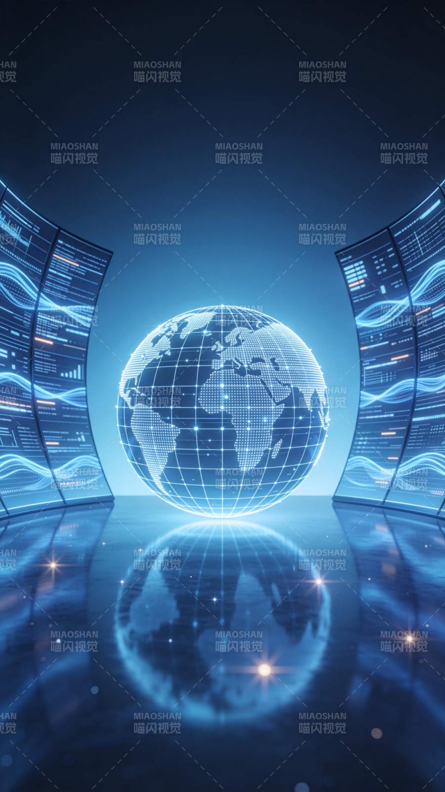 蓝色数字地球与两侧数据屏幕构成科技场景图片