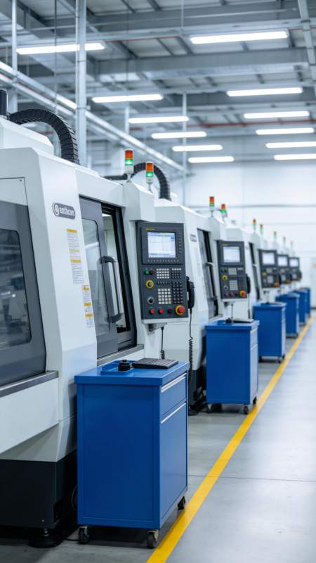 工厂车间内排列整齐的数控机床设备图片