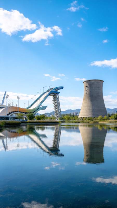 湖畔双塔映蓝天图片