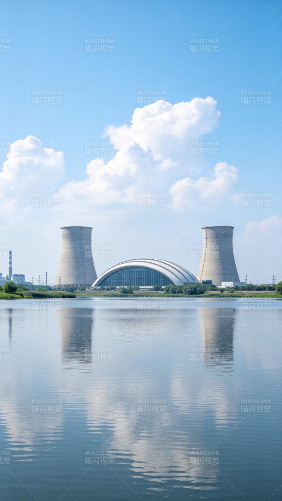 冷却塔与弧形厂房倒映在平静水面图片