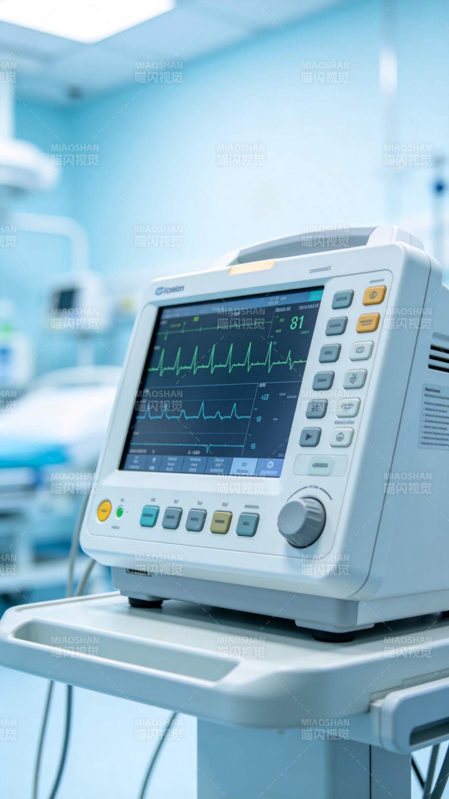 医院监护仪显示心电波形与生命体征数据图片