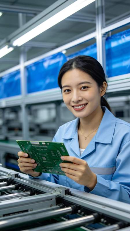 科技女工微笑展示电路板图片