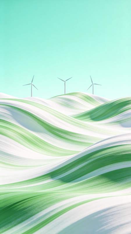 绿色波浪形山丘与三座风力发电机图片