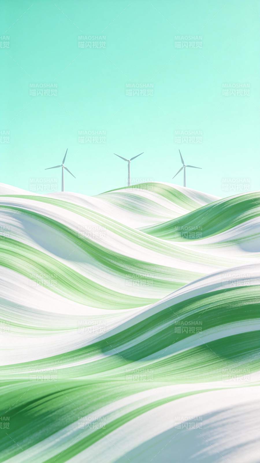 绿色波浪形山丘与三座风力发电机图片