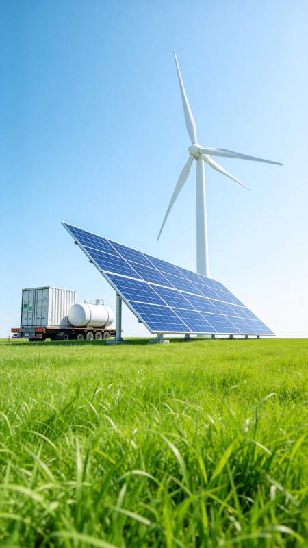 风力发电机与太阳能板并置绿色田野场景图片