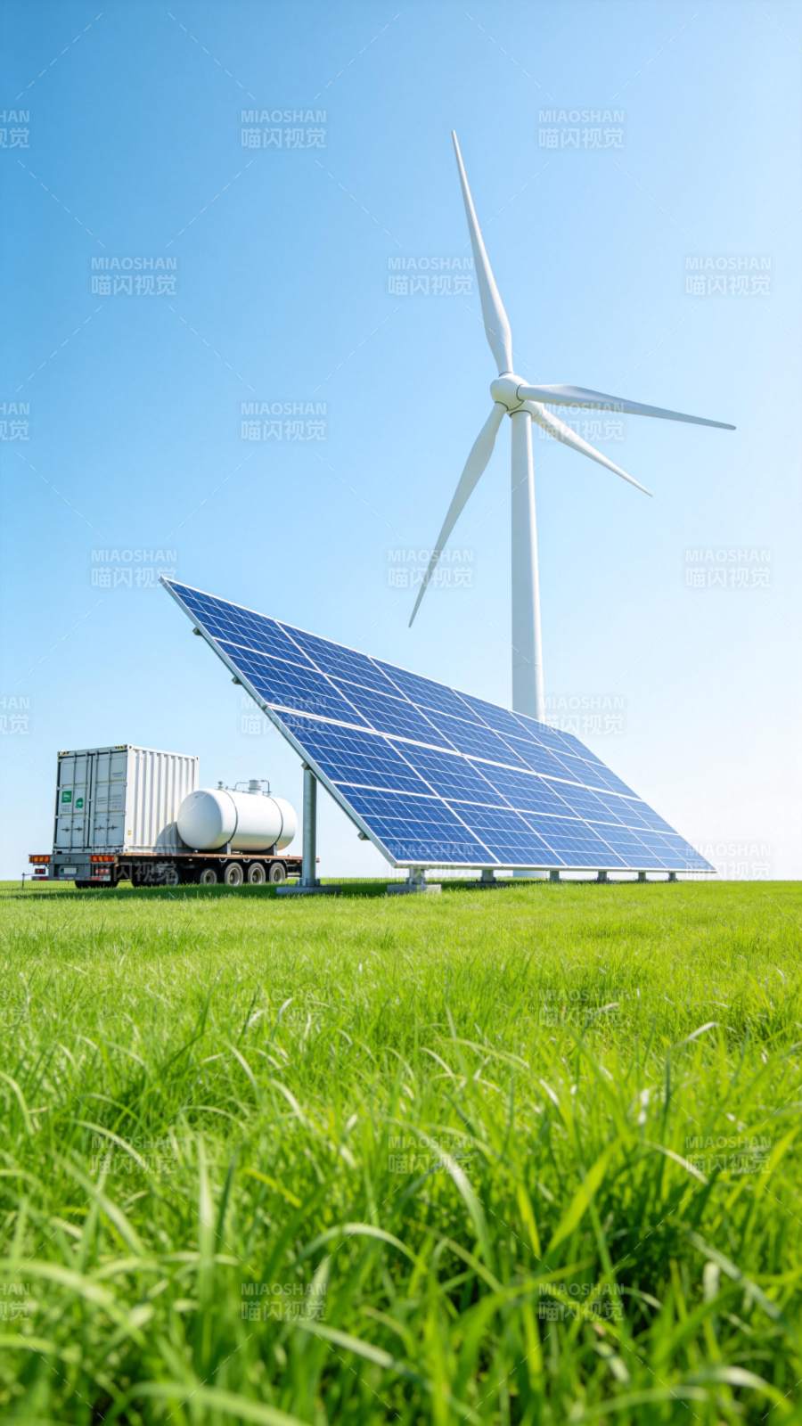 风力发电机与太阳能板并置绿色田野场景图片