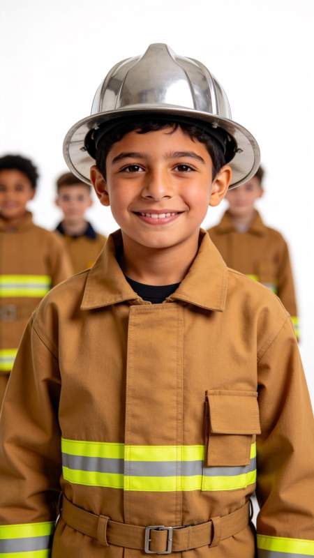 穿消防服戴头盔的男孩微笑面对镜头图片